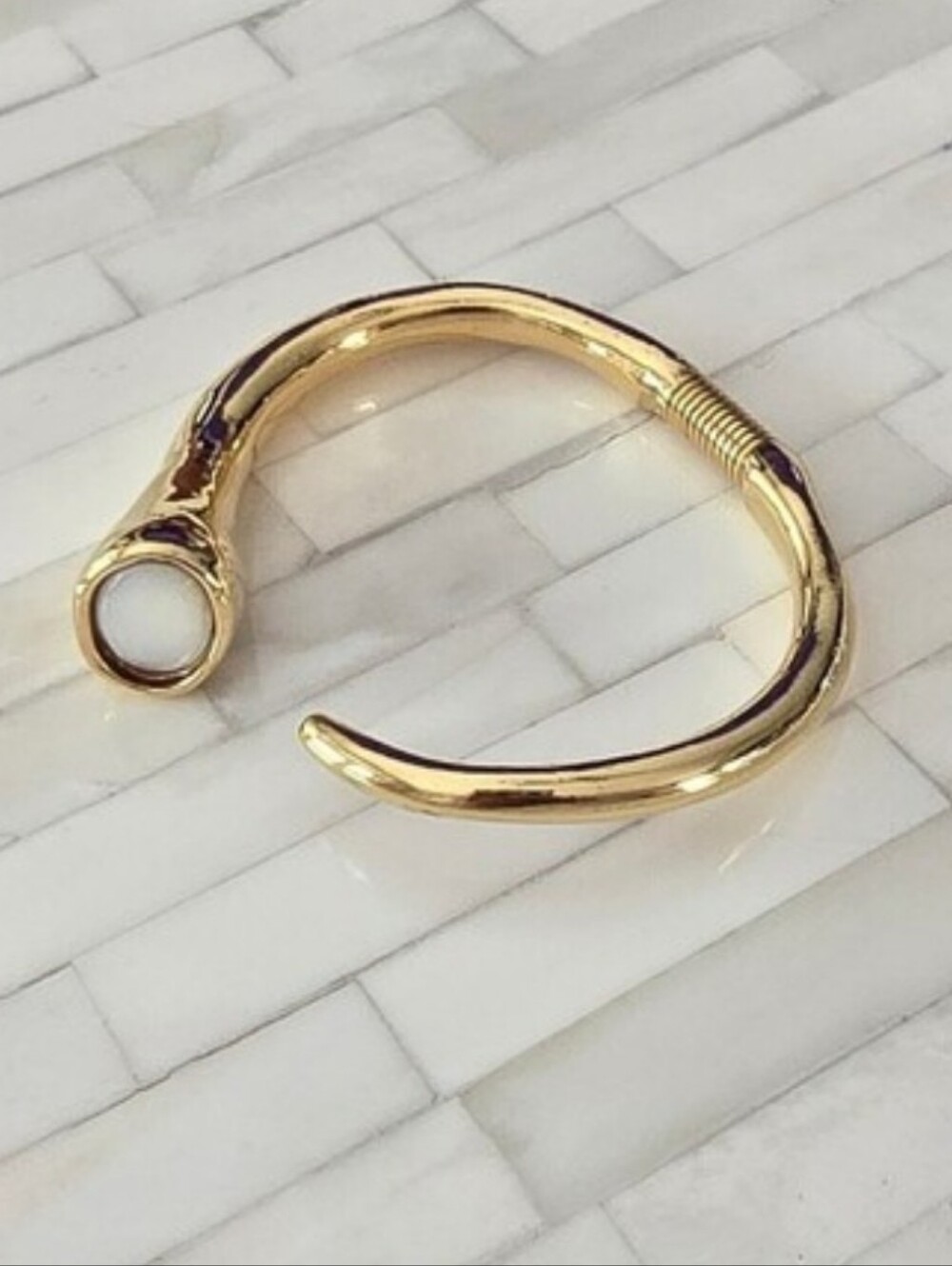 Vintage Signed Gold Spring Hinged Cuff Bracelet w/Mother Of Pearl Stone Accent